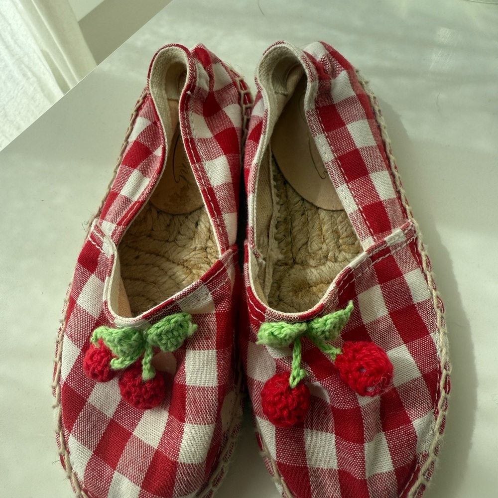 Bonpoint Red Plaid Espadrilles with Cherry Accent